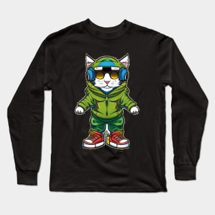 Paws & Playlists: Stylish Cat with Green Hoodie, Sunglasses, and Blue Headphones Long Sleeve T-Shirt